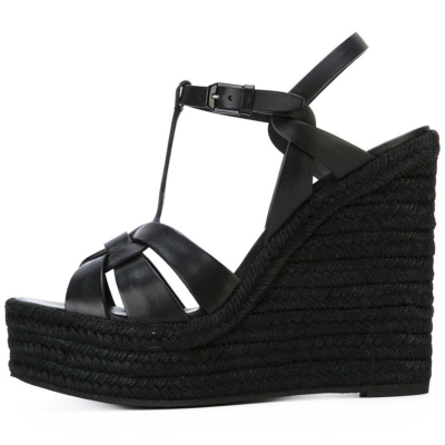 Black Summer Woven Straw T-Strap Wedge Sandals with Buckle Slingbacks
