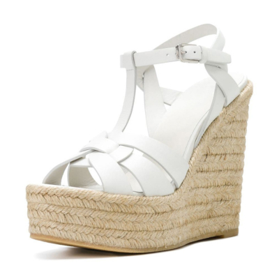 Summer Woven Straw T-Strap Wedge Sandals with Buckle Slingbacks
