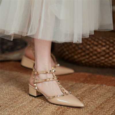 Nude T-Strap Studded Pointed Toe Sandals Shoes Chunky Heel Pumps