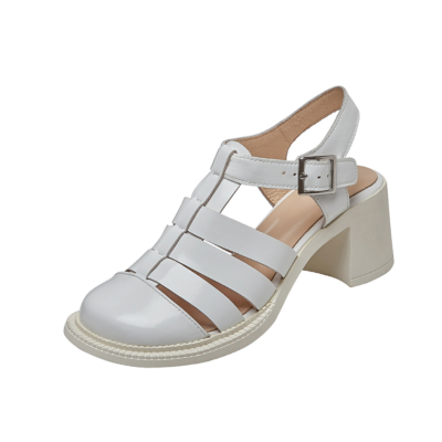 White T Strap Leather Round Toe Sandals Chunky Heels Strappy Shoes