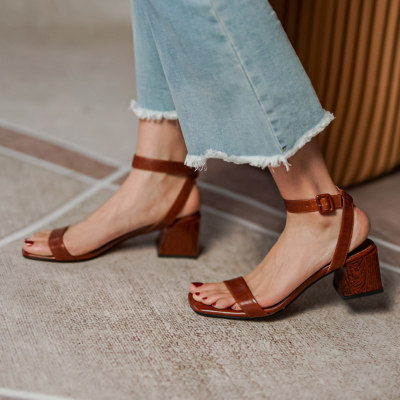 Tan Leather Square Toe Ankle Strap Heeled Sandals