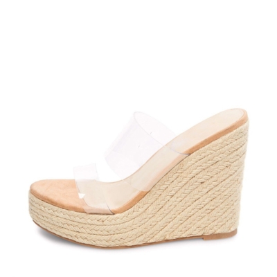 Transaparent Slides PVC Mules Sandals with Woven Straw Wedge Heels