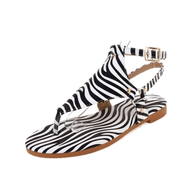Zebra Print Flip Flap Sandals Ankle Strap Rivet Slingback Flats