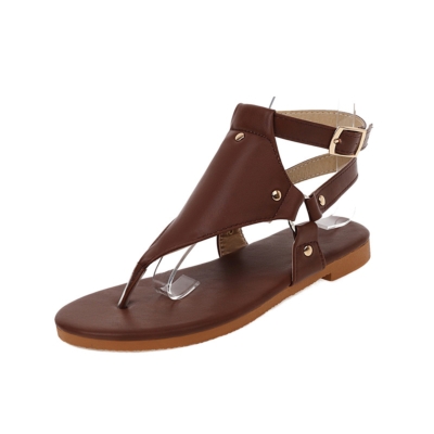 Brown Plain Flip Flap Sandals Ankle Strap Rivet Slingback Flats