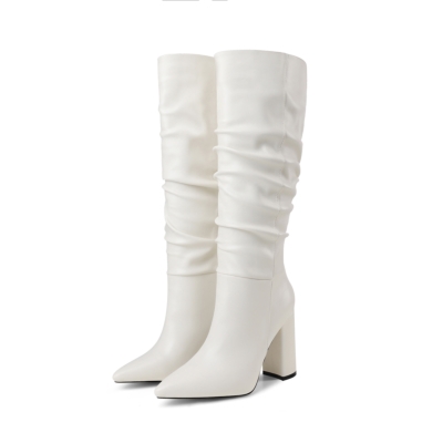 White Chunky Heel Womens Slouchy Boots Knee High Boots with Pointy Toe