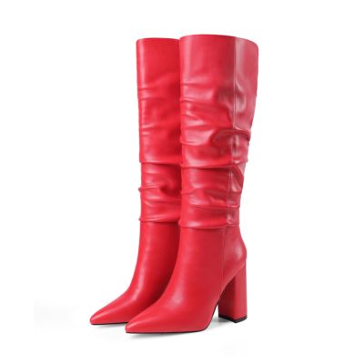 Red Chunky Heel Womens Slouchy Boots Knee High Boots with Pointy Toe