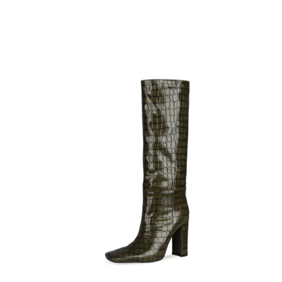 Olive Croc Print Knee High Heeled Boots Women’s Square-Toe Booties
