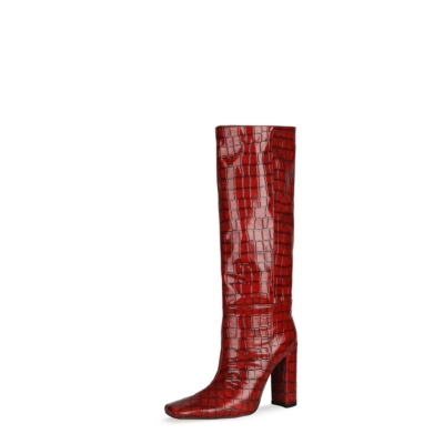 Red Croc Print Knee High Heeled Boots Women’s Square-Toe Booties
