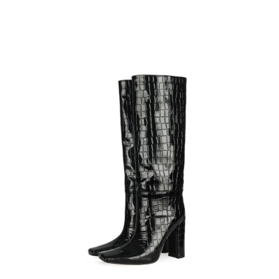 Black Croc Print Knee High Heeled Boots Women’s Square-Toe Booties