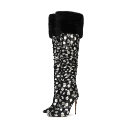 Black Daisy Patterns Furry Over the Knee Heeled Boots