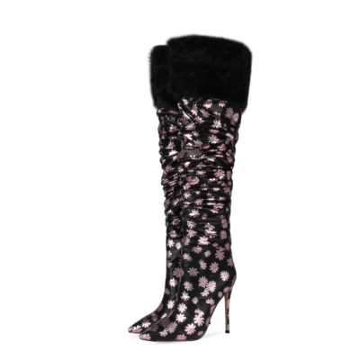 Pink Daisy Patterns Furry Over the Knee Heeled Boots