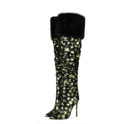 Green Daisy Patterns Furry Over the Knee Heeled Boots