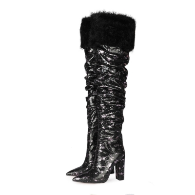 Black Snake-effect Furry Over the Knee Heeled Boots