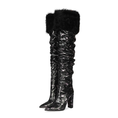 Trendy Furry Daisy Patterns Over the Knee Heeled Boots