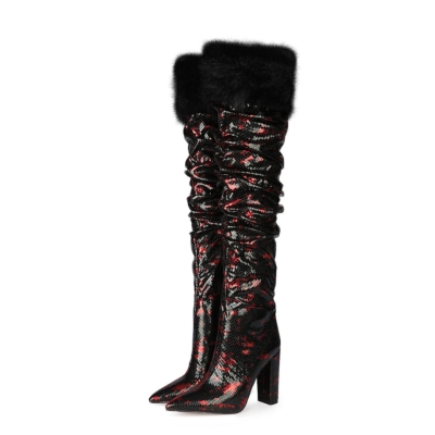 Red Snake-effect Furry Over the Knee Heeled Boots