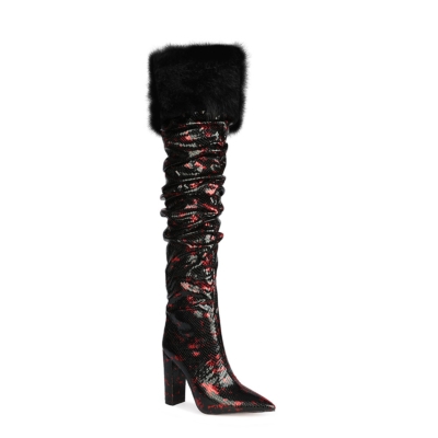 Red Snake-effect Furry Over the Knee Heeled Boots