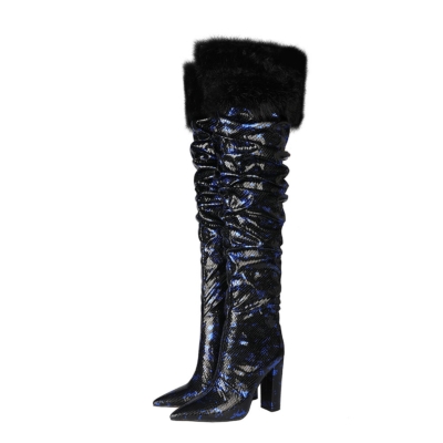 Blue Snake-effect Furry Over the Knee Heeled Boots