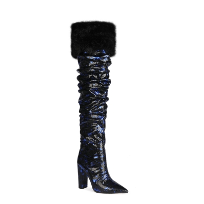 Blue Snake-effect Furry Over the Knee Heeled Boots