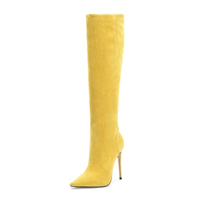Yellow Trendy Suede Pointy Toe Stilettos knee High Boots
