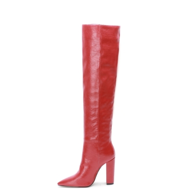 Red Pointed Toe Block Heel knee High Boots