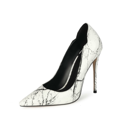 White Marble Prints Stiletto High Heels Pointed Toe Wedding Pumps Heels