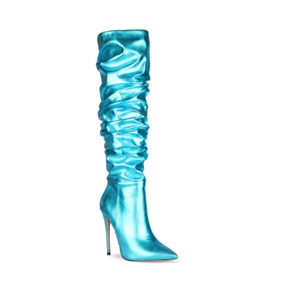 Light Blue Elastic Metallic Plisse Stilettos Over the Knee Boots