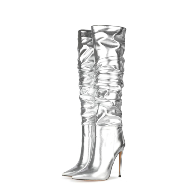 Sliver Metallic Plisse Stilettos  Over the Knee Boots