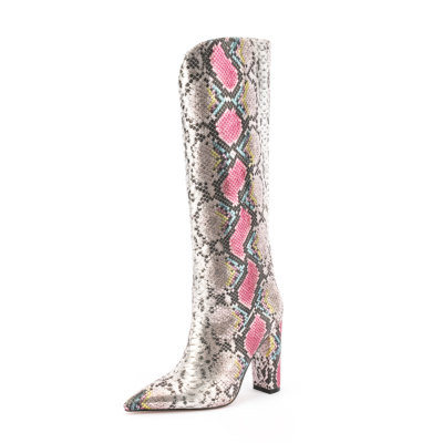 Pink Python Printed V Cut Knee High Boots Pointed Toe Chunky Heels Long Boots