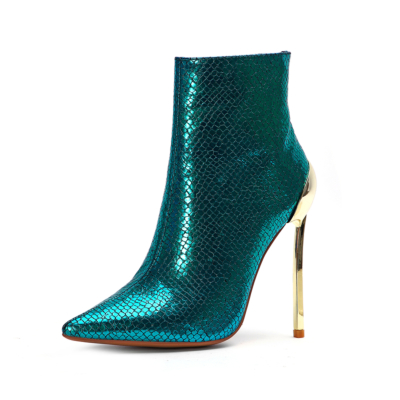 Women's Green Python Printed Pointed Toe Stiletto Heels Ankle Booties