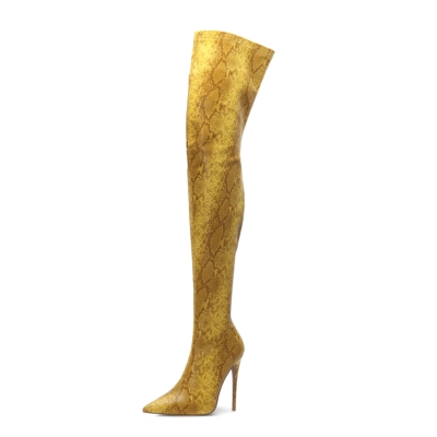 Yellow Fashion Snake Embossed Pointed Toe Stilettos Over-the-knee Boots