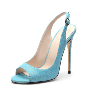 Women's Cyan Glitter Peep Toe Slingback Sandals High Heels