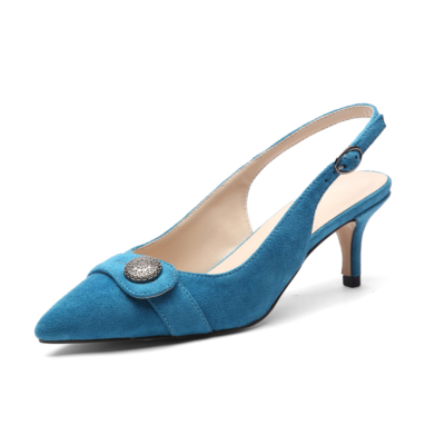 Women's Blue Suede Almond Toe Kitten Heel Slingback Pumps