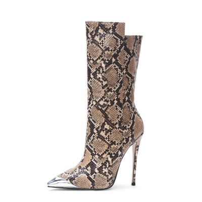 Women's Grey-khaki Python Printed Vegan Leather Pointed Toe Stiletto Heels Ankle Boots