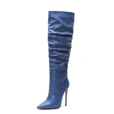 Women's Blue Vegan Leather Pointed Toe Stilettos Knee High Heel Sclouch Booties