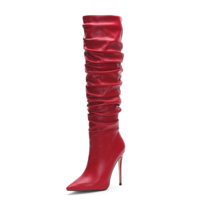 Women's Red Vegan Leather Pointed Toe Stilettos Knee High Heel Sclouch Booties