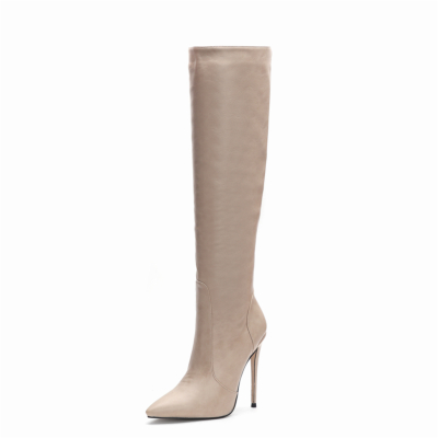 Women's Nude Vegan Leather Pointed Toe Stilettos Knee High Boots