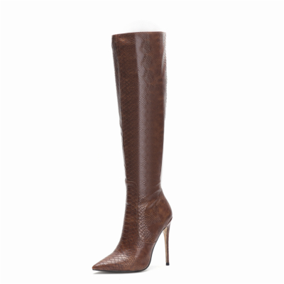 Women's Brown Veagn Leather Python Printed Pointed Toe Stilettos Knee High Long Boots