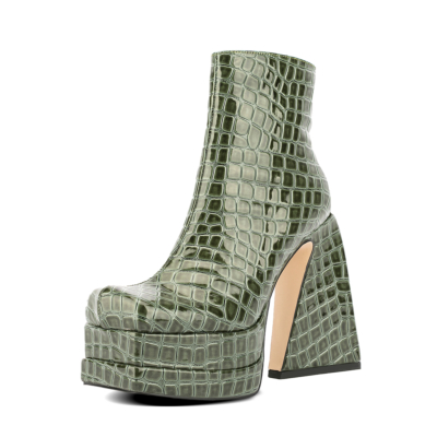 Women's Green Croc Printed Patent Leather Platform Chunky Heels Square Toe Ankle Booties