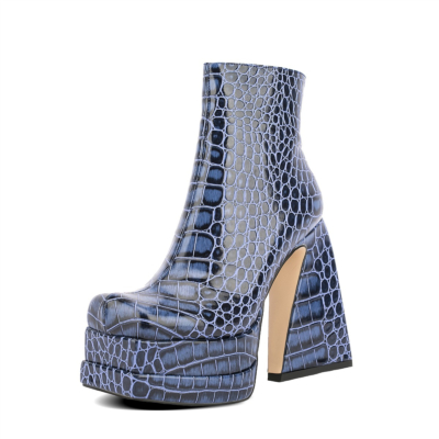 Women's Blue Croc Printed Patent Leather Platform Chunky Heels Square Toe Ankle Booties