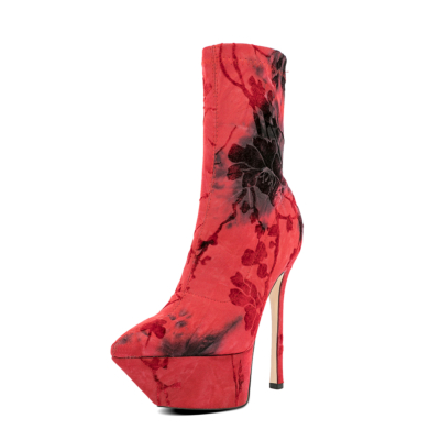 Women's Red and Black Flowes Print Pointed Toe Platform Elastic Ankle Boots