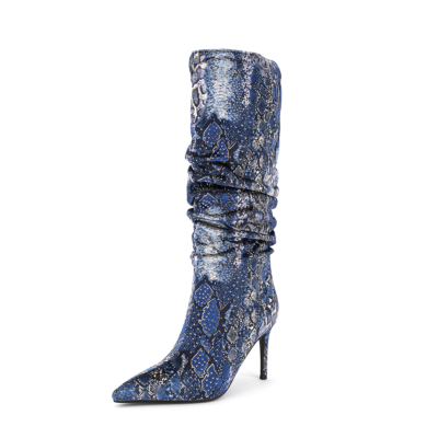 Women's Blue Pointed Toe Stilettos Sclouch Knee High Booties