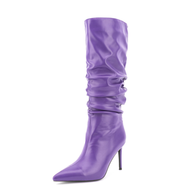 Women's Purple Vegan Leather Pointed Toe Stiletto Heels Sclouch Knee High Booties Long Boots