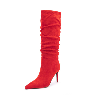 Women's Red Suede Pointed Toe Stiletto Heels Sclouch Knee High Booties Long Boots