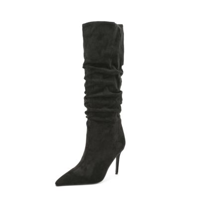 Women's Black Suede Pointed Toe Stiletto Heels Sclouch Knee High Booties Long Boots