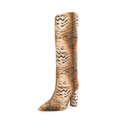 Leopard Printed Printed V Cut Knee High Boots Pointed Toe Chunky Heels Long Boots