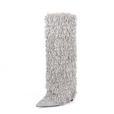 Off-White Fabric Fringe Furry Fold Over Boots Pointed Toe Chunky Heel Knee High Booties