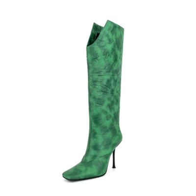 Green V-Cut Knee High Boots Stiletto Heel Square Toe Booties