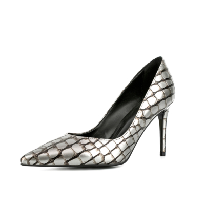 Women's Silver Pointed Toe Stone Embossed Stiletto Heel Pumps