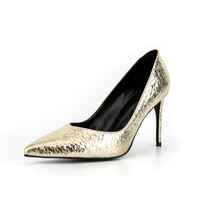 Gold Pointy Toe Blasting Cracks Embossing Stilettos Pumps High Heel Shoes