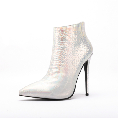 Silver Croco Printed Stilettos Pointed Toe Ankle Booties